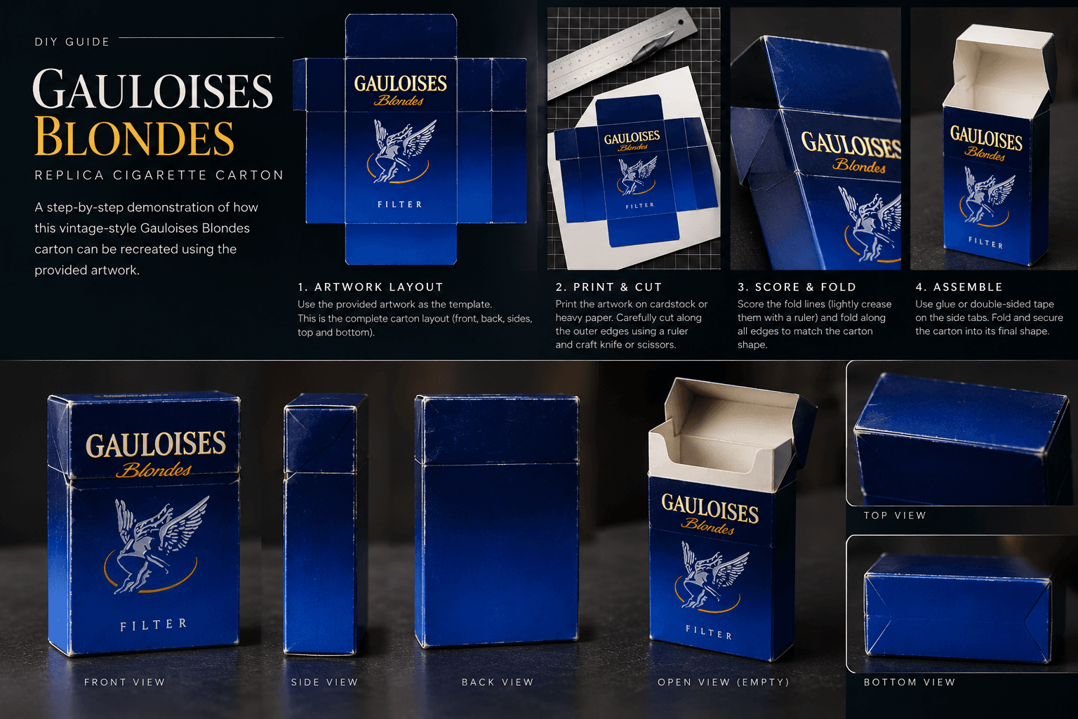 Gauloises Blondes replica cigarette carton guide showing flat artwork, assembly steps and views of the finished blue package.